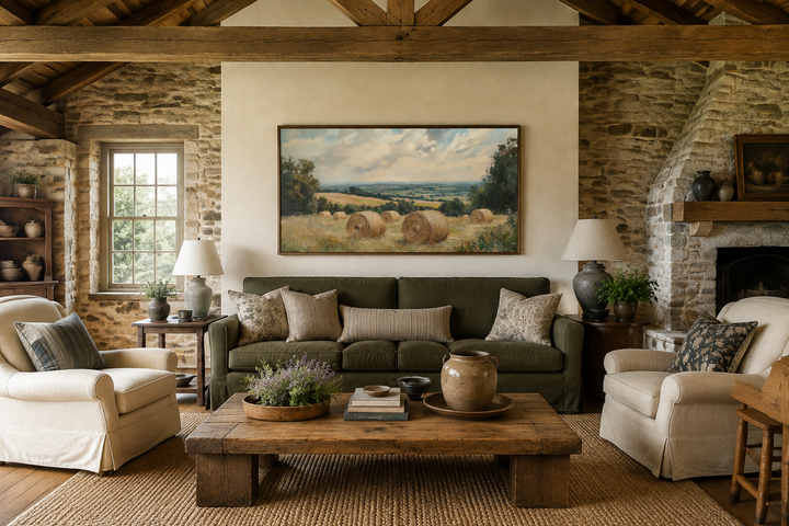 Pastoral hay field framed canvas wall art featuring round hay bales in a rustic farmhouse living room