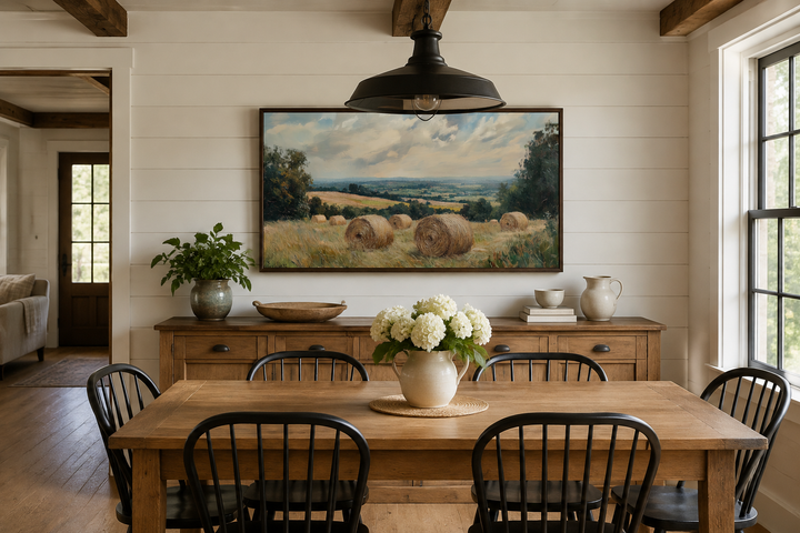 Pastoral hay field framed canvas wall art featuring round hay bales in a golden countryside scene.