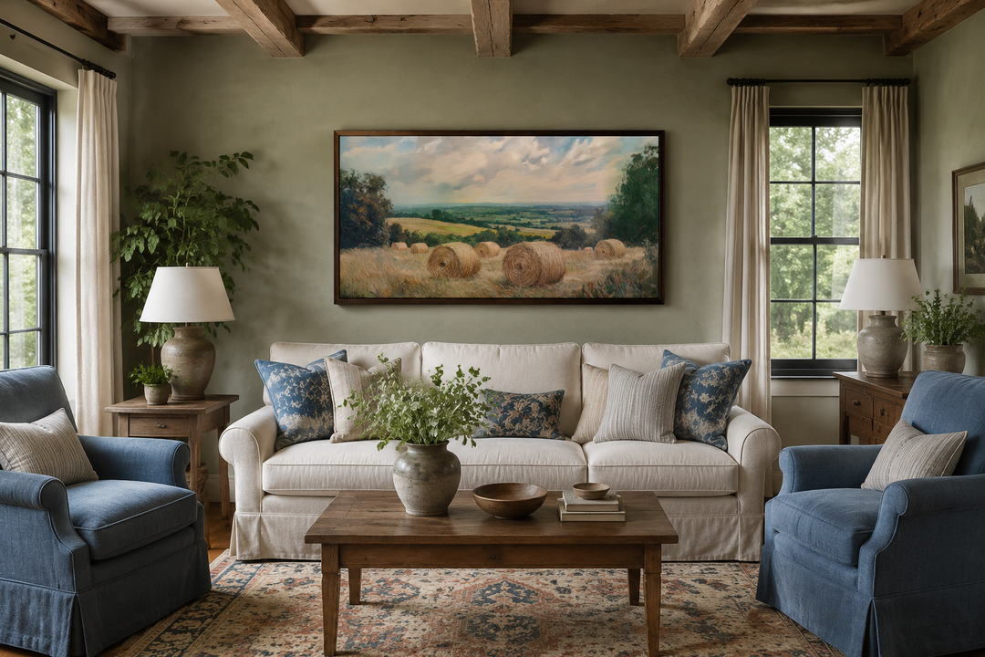 Pastoral hay field framed canvas wall art featuring round hay bales in a golden rural landscape.