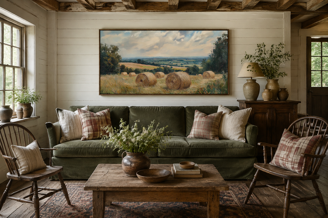 Pastoral hay field framed canvas wall art featuring round hay bales in a rural landscape.