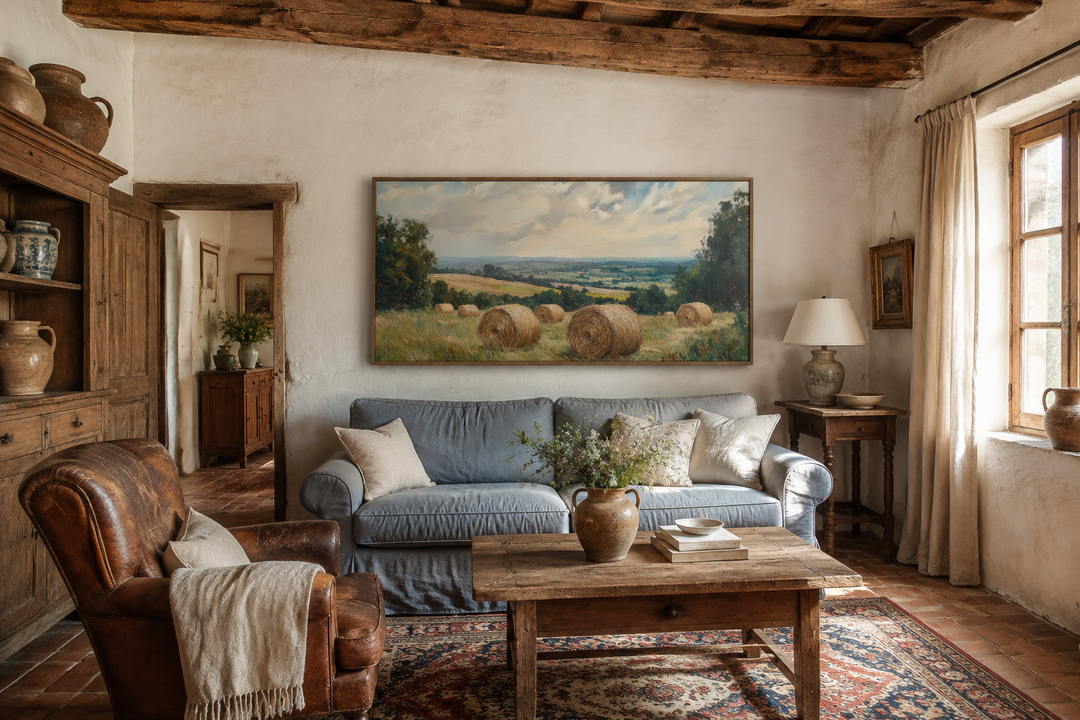 Pastoral hay field framed canvas wall art featuring round hay bales in a rural landscape.