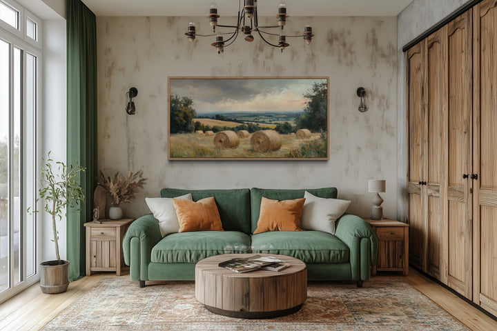 Pastoral hay field framed canvas wall art above a green sofa in a rustic farmhouse living room.