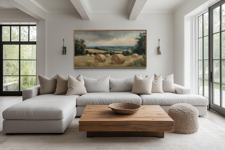 Pastoral Hay Field Framed Canvas Wall Art For Farmhouse Decor