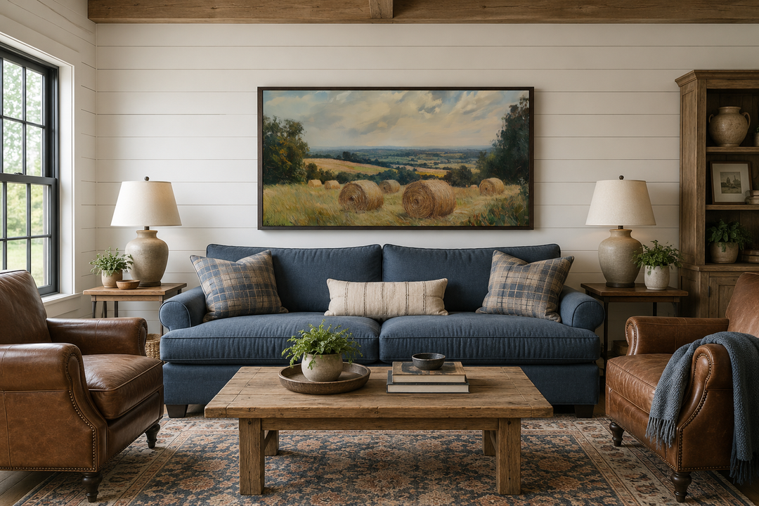Pastoral hay field framed canvas wall art above a blue sofa in a farmhouse living room.