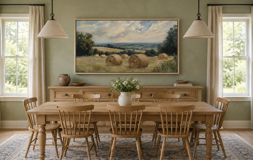 Pastoral hay field framed canvas wall art featuring golden hay bales in a rural landscape.