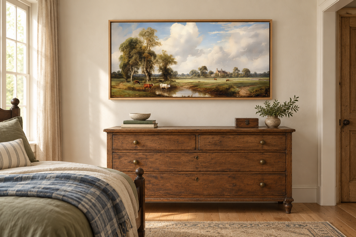 Framed antique pastoral landscape painting of cows in a field above a wooden dresser in a bedroom.