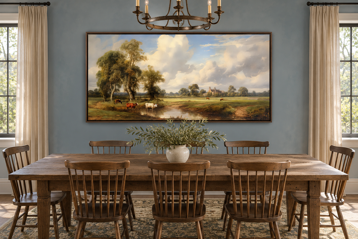 Framed antique pastoral landscape painting of cows in a field above a rustic wooden dining table.