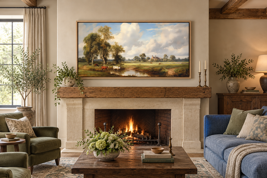 Framed canvas of a pastoral country landscape with cows above a fireplace in a rustic living room.