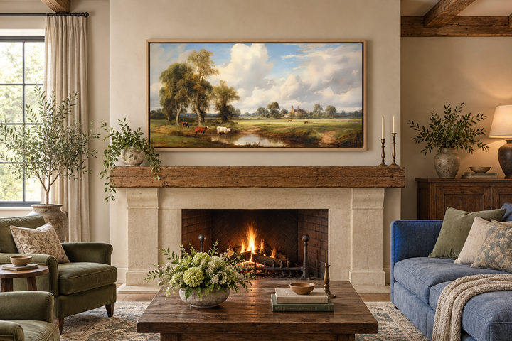 Framed canvas of a pastoral country landscape with cows above a fireplace in a rustic living room.
