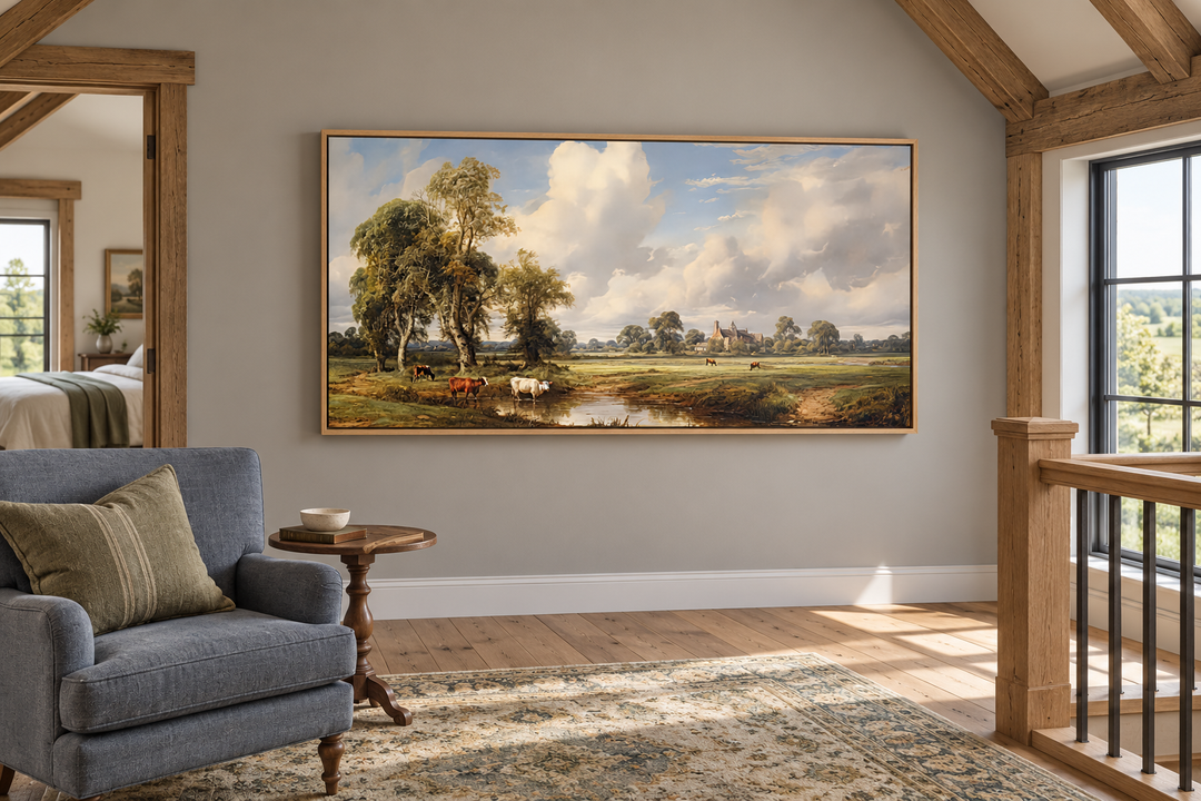 Framed canvas of a pastoral country landscape with cows in a rustic farmhouse living room.