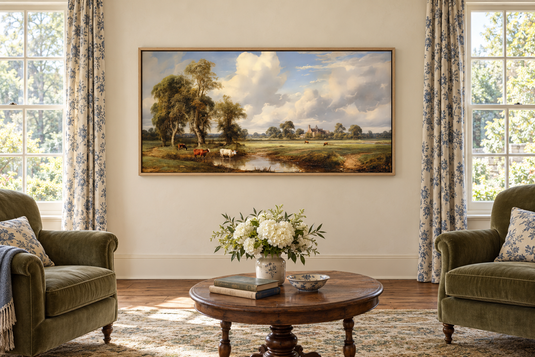 Framed antique pastoral landscape canvas with cows in a farmhouse living room above a coffee table.