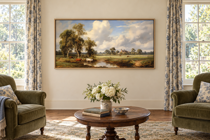 Framed antique pastoral landscape canvas with cows in a farmhouse living room above a coffee table.