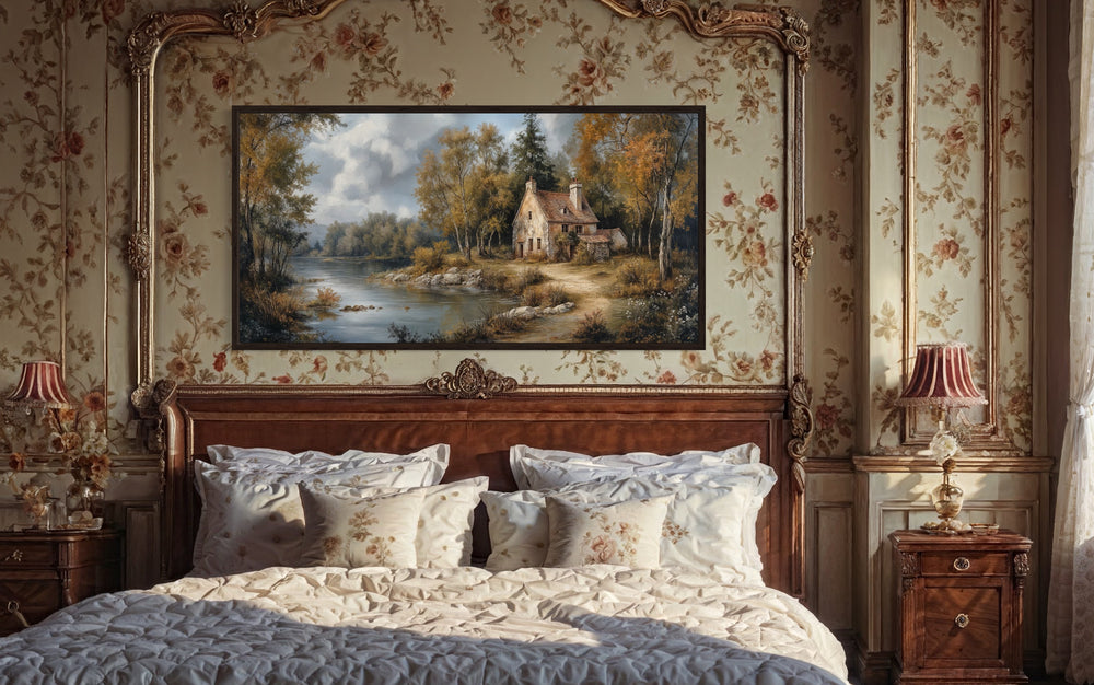 Pastoral Summer Landscape With Cottage Antique Style Framed Canvas Wall Art - Victorian Bedroom Wall Decor