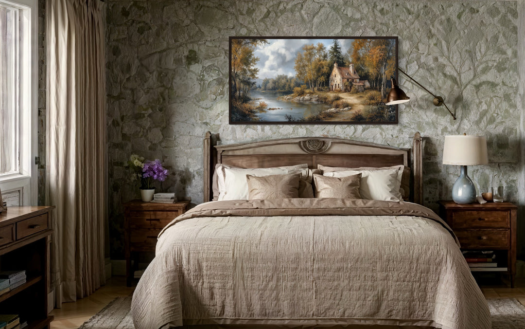 Pastoral Summer Landscape With Cottage Antique Style Framed Canvas Wall Art - Victorian Bedroom Wall Decor