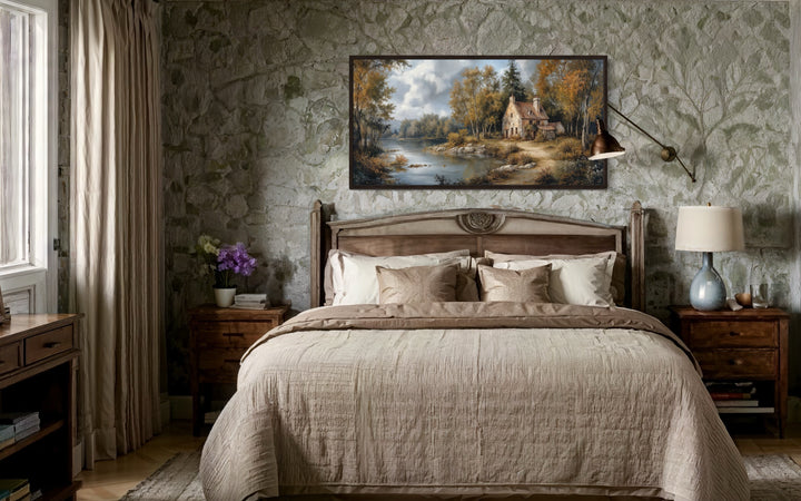 Pastoral Summer Landscape With Cottage Antique Style Framed Canvas Wall Art - Victorian Bedroom Wall Decor