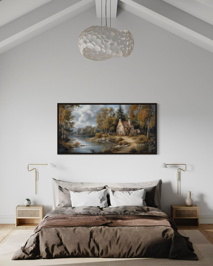 Pastoral Summer Landscape With Cottage Antique Style Framed Canvas Wall Art - Victorian Bedroom Wall Decor