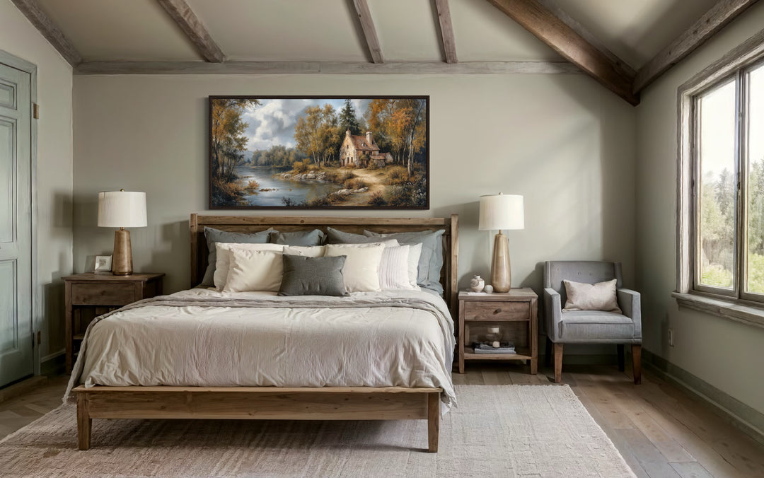 Pastoral Summer Landscape With Cottage Antique Style Framed Canvas Wall Art - Victorian Bedroom Wall Decor
