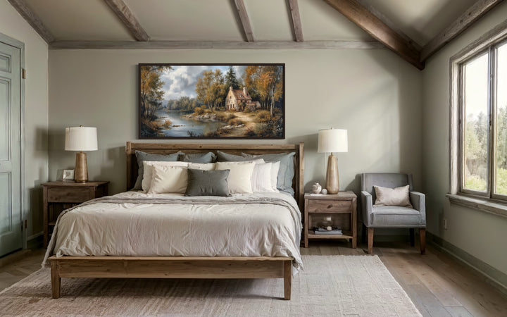 Pastoral Summer Landscape With Cottage Antique Style Framed Canvas Wall Art - Victorian Bedroom Wall Decor