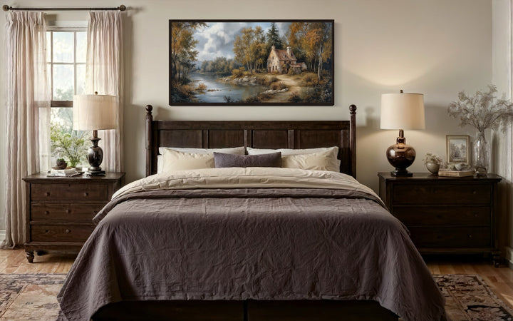 Pastoral Summer Landscape With Cottage Antique Style Framed Canvas Wall Art - Victorian Bedroom Wall Decor