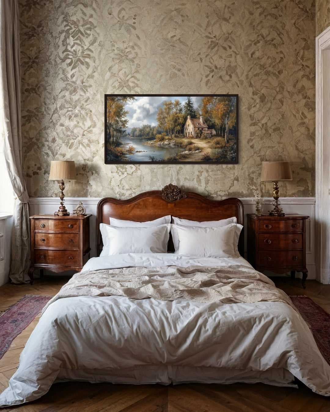 Pastoral Summer Landscape With Cottage Antique Style Framed Canvas Wall Art - Victorian Bedroom Wall Decor