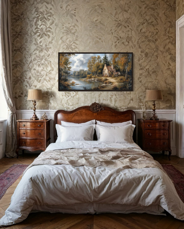 Pastoral Summer Landscape With Cottage Antique Style Framed Canvas Wall Art - Victorian Bedroom Wall Decor