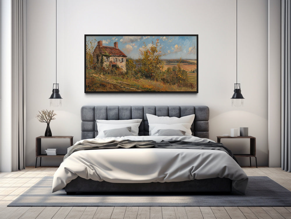 Pastoral Summer Landscape With House Antique Style Framed Framed Canvas Wall Art above bed