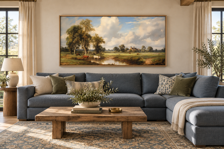 Framed antique pastoral landscape canvas with cows hanging above a blue sectional sofa.