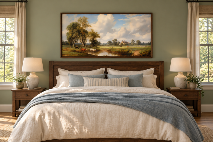 Framed antique pastoral landscape canvas with cows hanging above a wooden bed in a farmhouse room.