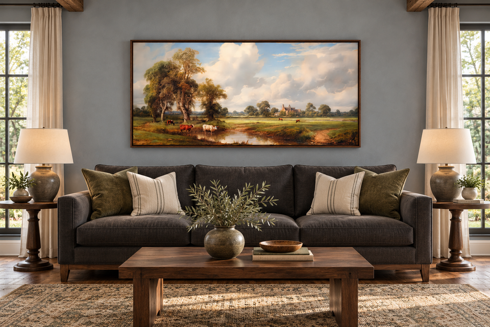 Framed antique pastoral landscape canvas with cows hanging above a dark sofa in a farmhouse room.