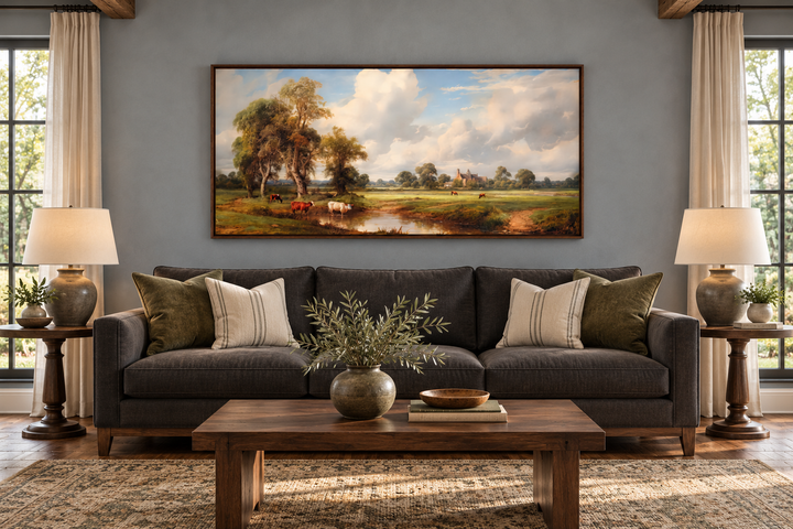 Framed antique pastoral landscape canvas with cows hanging above a dark sofa in a farmhouse room.