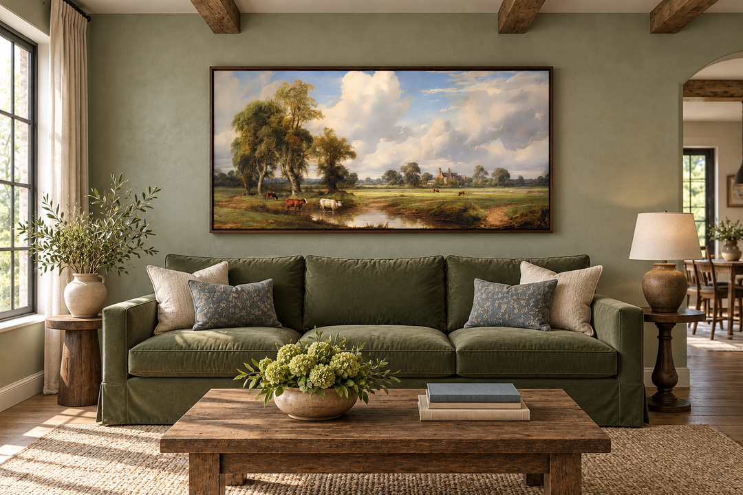 Framed antique pastoral landscape canvas with cows hanging above a green sofa in a rustic room.