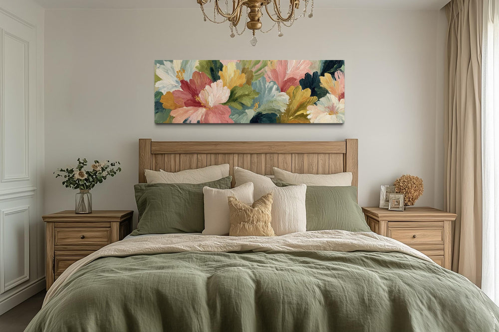 Peach Coral Yellow Green Flower Market Long Horizontal Wall Art
