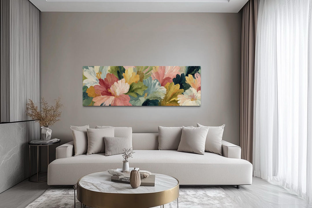 Peach Coral Yellow Green Flower Market Long Horizontal Wall Art