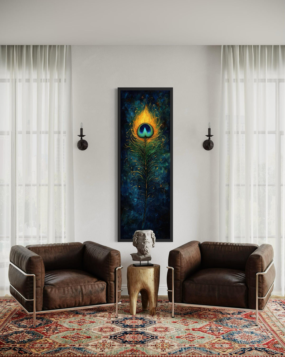 Vertical canvas print of an abstract peacock feather in blue and gold on a dark textured background.