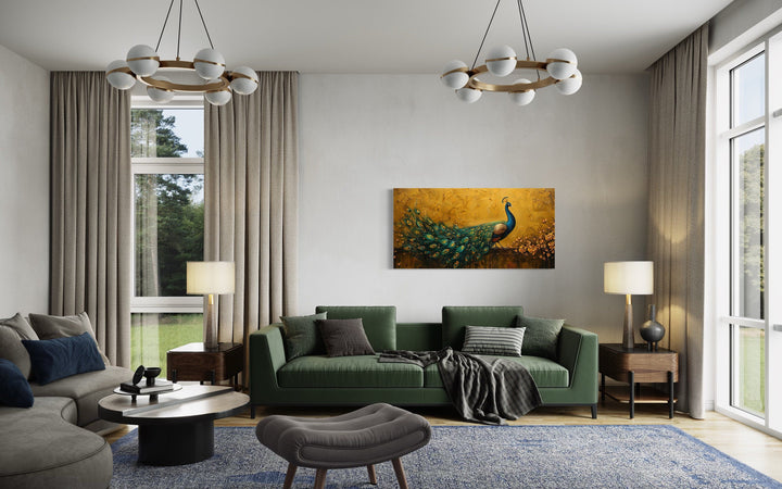 Peacock Wall Art – Framed Canvas Print With Gold Background For Living Room