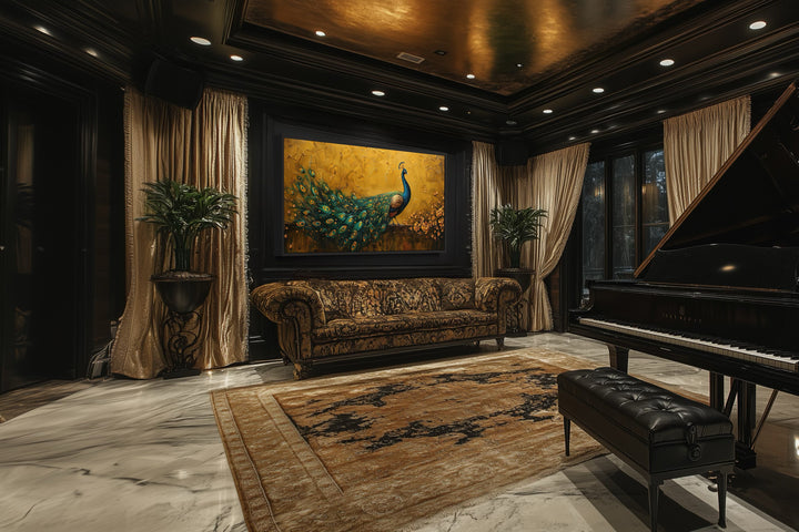 Framed peacock canvas print with a gold background hanging above a sofa in a dark living room.