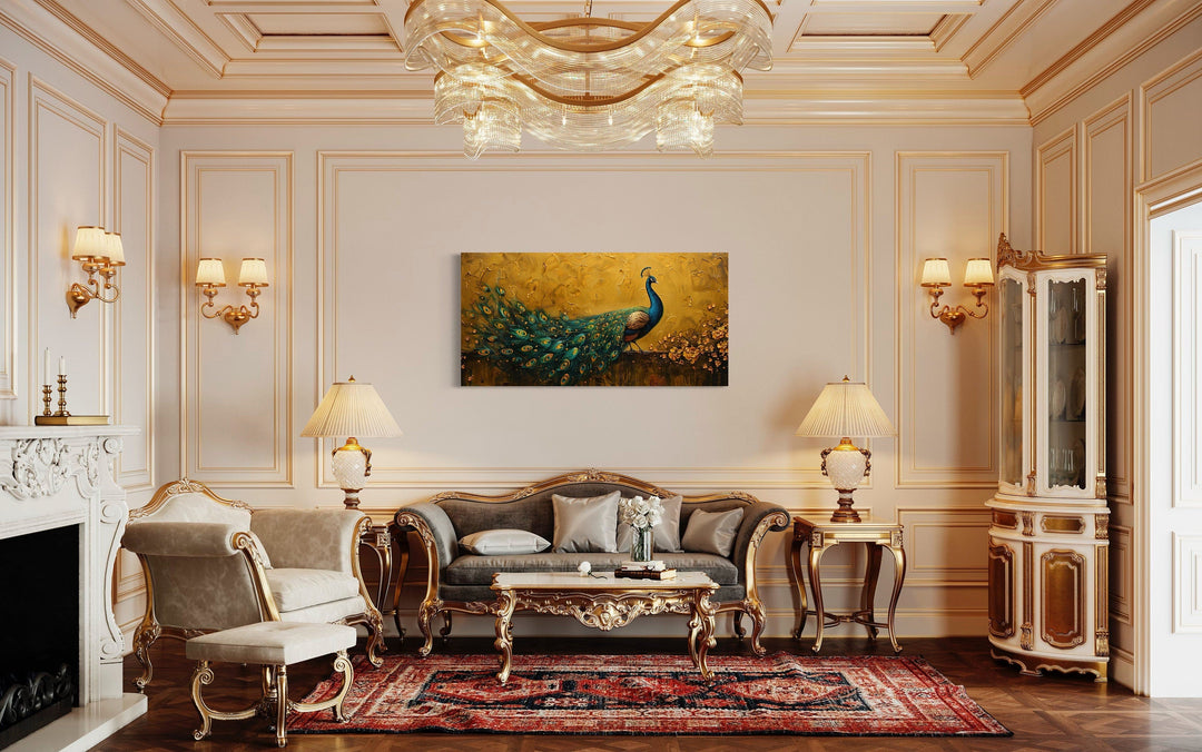 Peacock Wall Art – Framed Canvas Print With Gold Background For Living Room