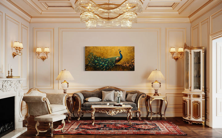 Peacock Wall Art – Framed Canvas Print With Gold Background For Living Room