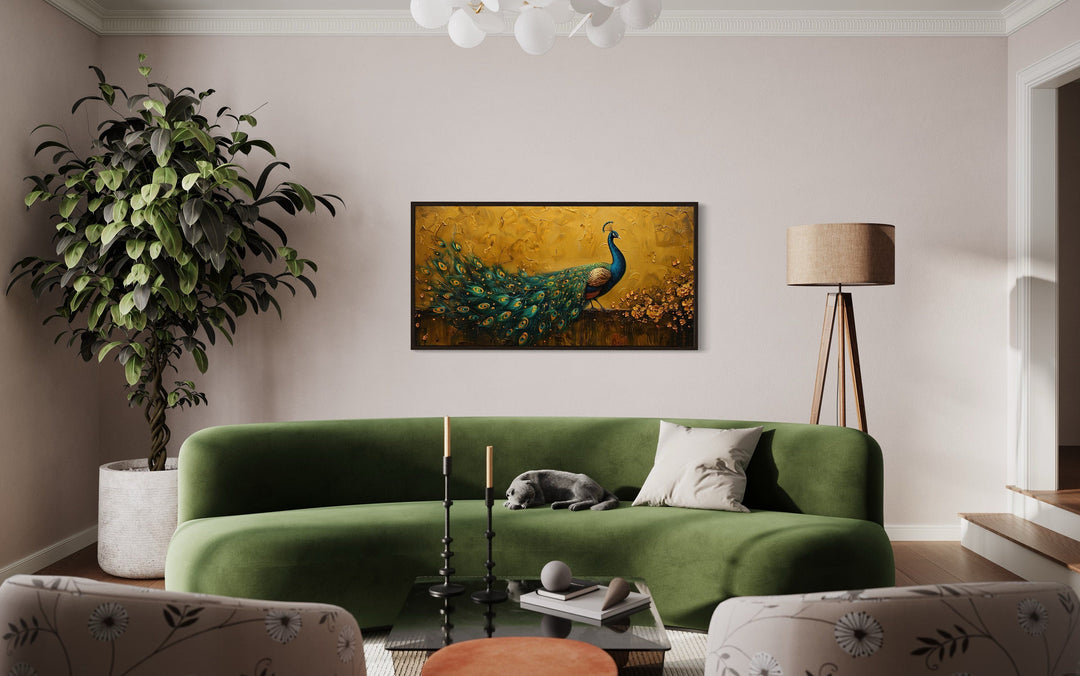 Peacock Wall Art – Framed Canvas Print With Gold Background For Living Room