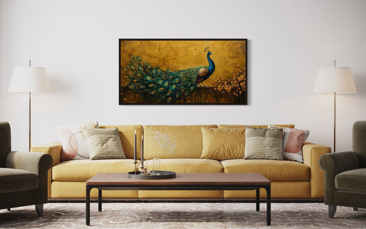 Peacock Wall Art – Framed Canvas Print With Gold Background For Living Room