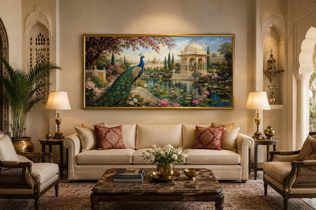 Peacock in Indian Palace Garden canvas wall art hanging above a sofa in a traditional living room.