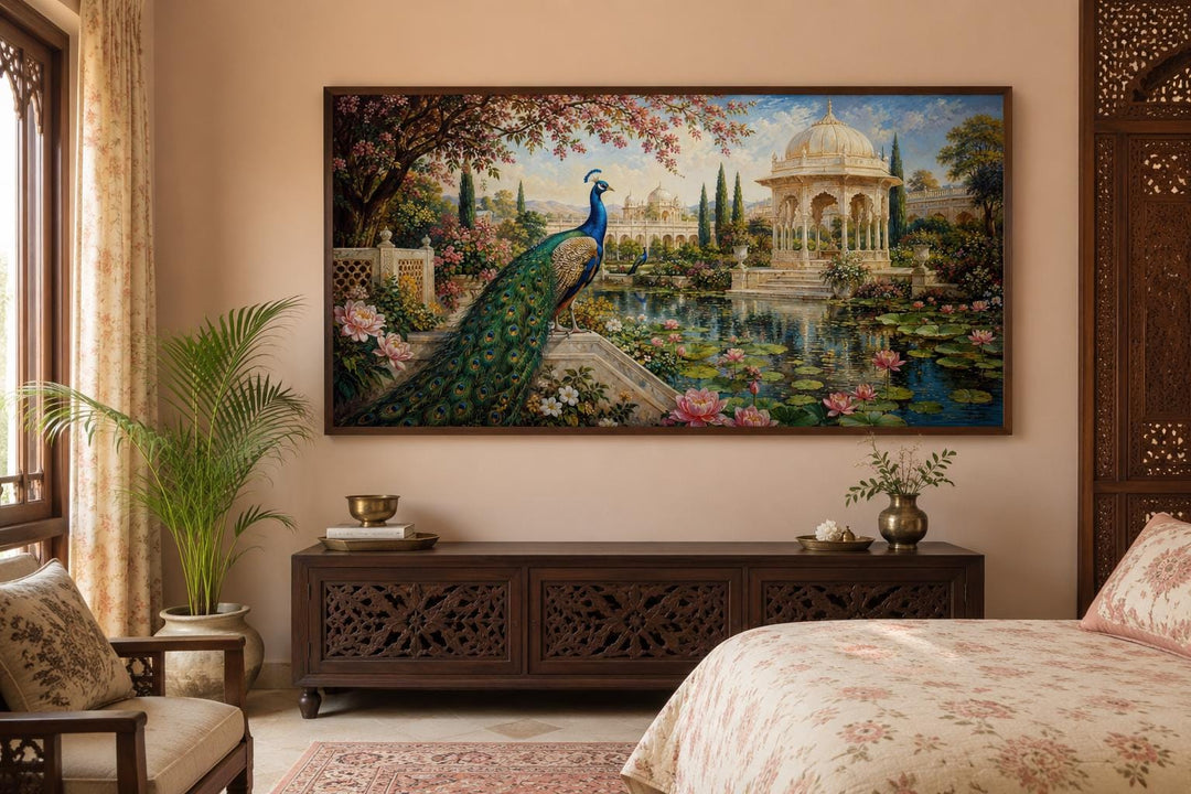 Peacock in Indian Palace Garden canvas wall art hanging above a dark wood console in a bedroom.