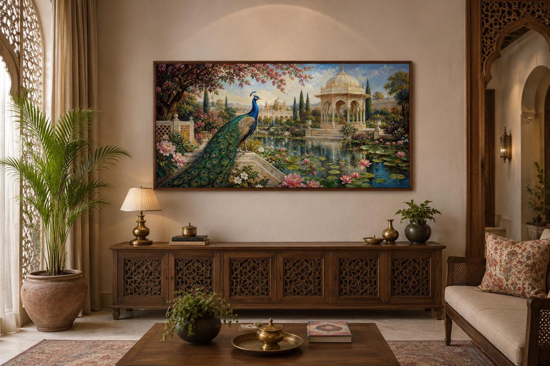 Peacock in Indian Palace Garden canvas wall art hanging above a wooden console in a living room.