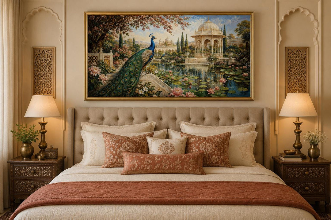 Peacock in Indian Palace Garden canvas wall art hanging above a bed with ornate pillows.