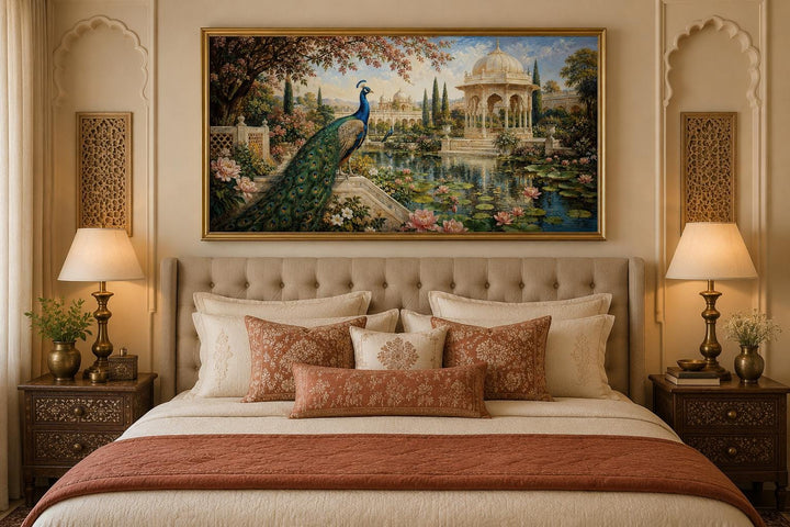 Peacock in Indian Palace Garden canvas wall art hanging above a bed with ornate pillows.