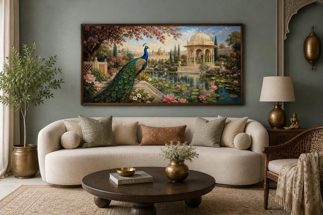 Peacock in Indian Palace Garden canvas wall art hanging above a sofa in a living room.