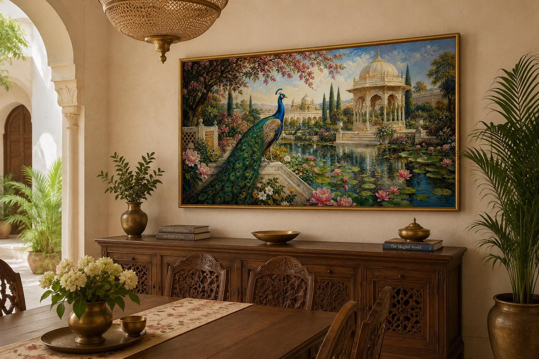 Peacock in Indian Palace Garden canvas wall art hanging above a wooden sideboard in a dining room.