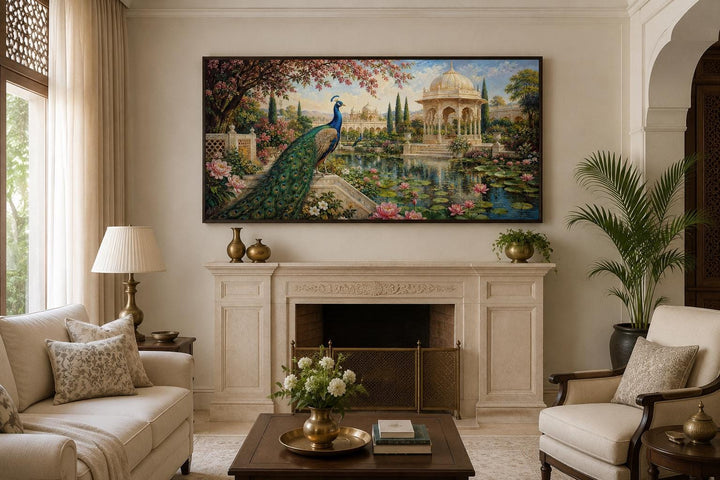 Peacock in Indian Palace Garden canvas wall art hanging above a fireplace in a living room.