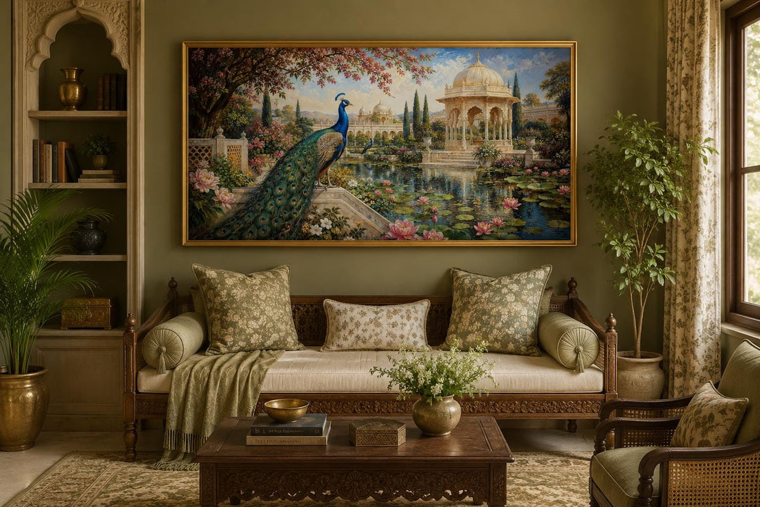 Peacock in Indian Palace Garden canvas wall art hanging above a sofa in a green living room.