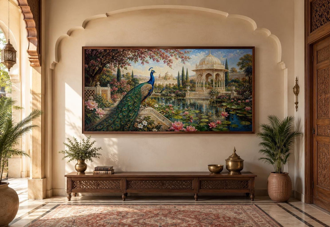 Peacock in Indian palace garden canvas wall art hanging above a wooden console in a living room.